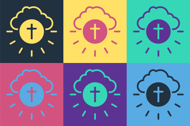 波普艺术的宗教十字在圆圈图标孤立的彩色背景。上帝之爱，天主教和基督教的象征。人们祈求爱与和平。向量图片下载