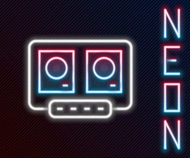 发光的霓虹线DJ遥控器播放和混合音乐图标孤立的黑色背景。DJ混音完成与黑胶播放器和遥控器。色彩缤纷的轮廓概念。向量图片下载