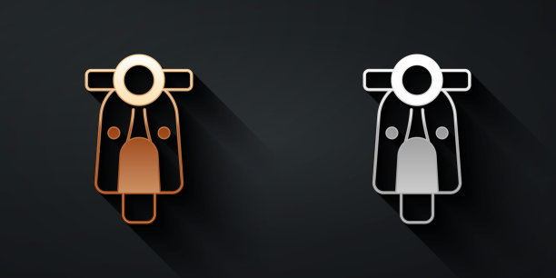 金色和银色机车图标孤立的黑色背景。长影式。向量图片下载