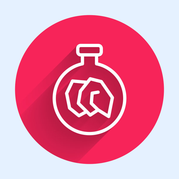 白线展览与各种矿物，岩石和晶体图标隔离与长阴影背景。矿产展览会、矿物学、地质学展览会或博物馆。红色圆圈按钮。向量图片下载