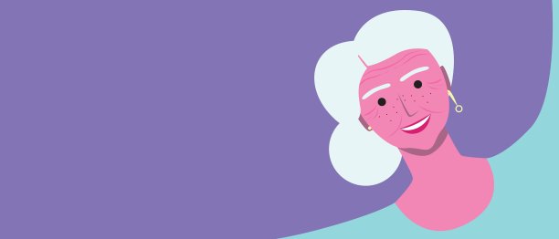 一个老人的脸上有雀斑和热带树叶，一个女人作为复制空间模板设计或平面矢量股票插图图片下载