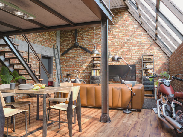 工业风格阁楼公寓，室内阳台，3d渲染图片下载