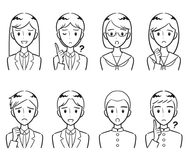 穿着制服的初高中学生消极表情图标集(线条画)图片下载