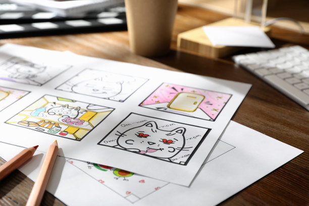 在工作场所用卡通草图的故事板。前期制作过程图片下载