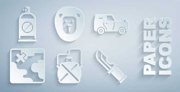 集水壶，越野汽车，非洲狩猎地图，猎人刀，野生狮子和喷雾对抗昆虫图标。向量图片下载