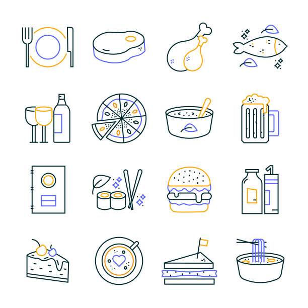 餐厅和食品线图标可编辑的笔触。采购产品蛋糕，快餐，披萨，牛排，水，沙拉图片下载
