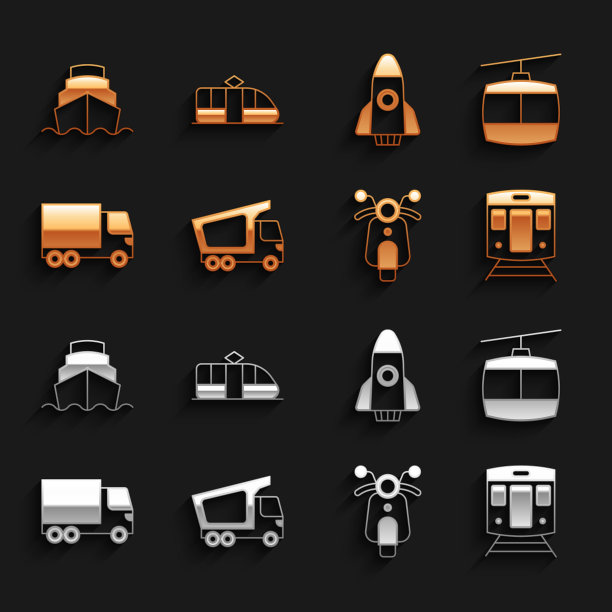 集交付货运卡车，电缆，火车和铁路，摩托车，火箭船，邮轮和有轨电车图标。向量图片下载