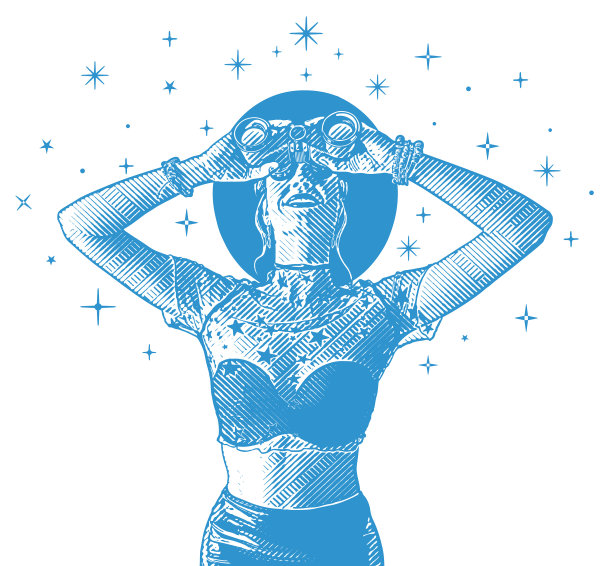 年轻时尚女性与望远镜和星星图片下载