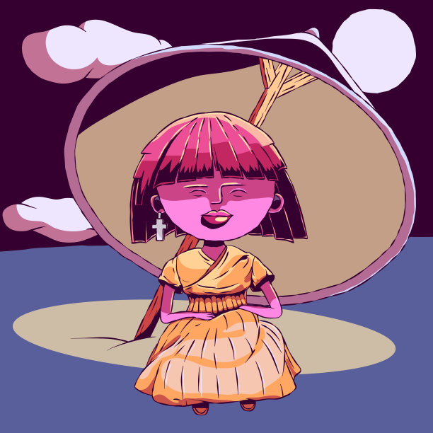 卡通明亮的人物插图-微笑的女孩在伞下。图片下载