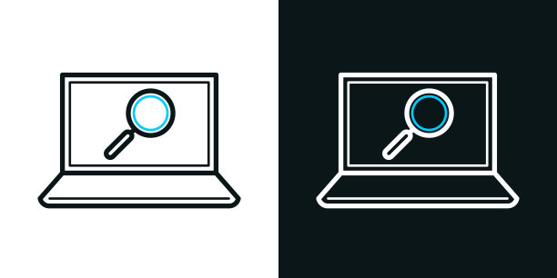 笔记本电脑上的放大镜。黑色或白色背景上的双色线图标-可编辑的笔画图片下载