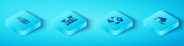 设置等距行李箱，沙堡，酒店门锁钥匙和位置在全球图标。向量图片下载