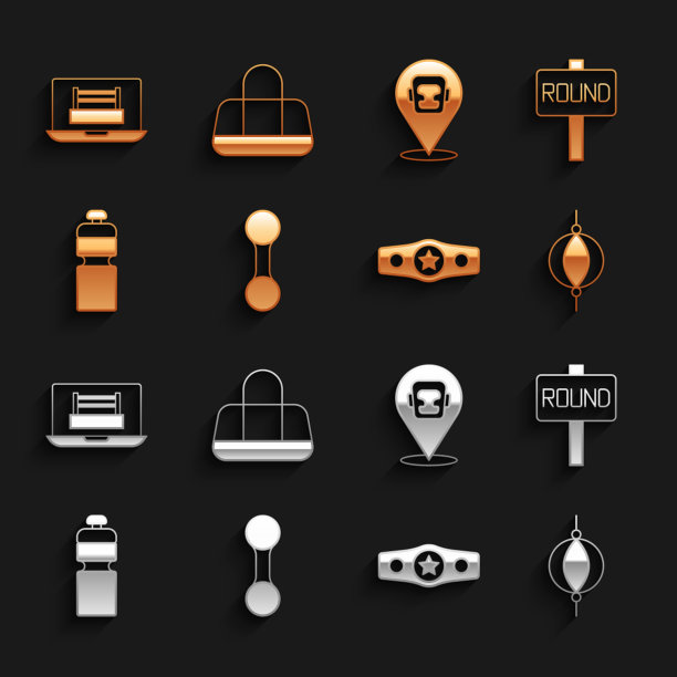 设置哑铃，拳击环板，沙袋，腰带，健身震动器，头盔，和运动图标。向量图片下载