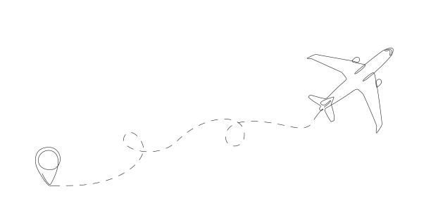 具有飞行路线和起点位置的连续单线飞机路径。带起点和航迹的单线航路。绘制商务，旅游或旅行可编辑笔画图片下载