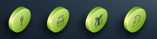 设定等距线火炬火焰，古代双耳罐，里拉和希腊头盔图标。向量图片下载