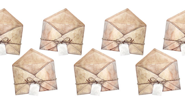 无缝边缘与水彩空开邮政信封与标签隔离在白色背景。米色工艺纸用于卡片明信片或庆祝活动的邀请和信件。用于包装和墙纸的边框图片下载