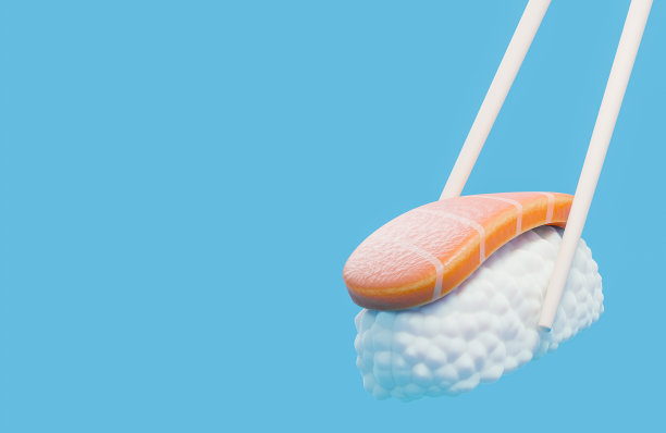 筷子夹着寿司，蓝色背景。传统的日本食物。，3d模型和插图。图片下载