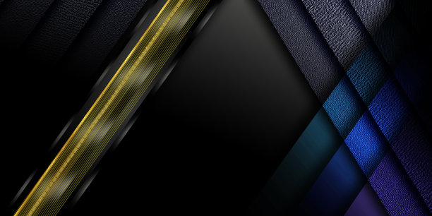 抽象的黑色背景与对角线金色线条，蓝色阴影几何形状和空间的文本。图片下载
