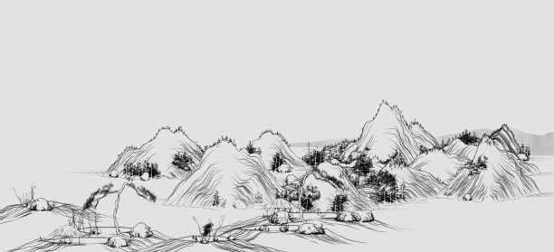 抽象的中国传统山水画插图，水墨画山水画图片下载