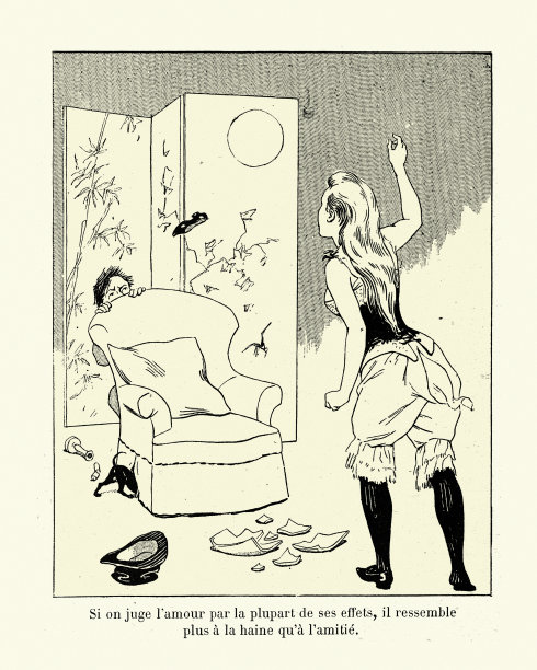 维多利亚时代的卡通，愤怒的女人向男人扔鞋图片下载