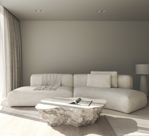 创意现代灰色室内客厅与阳光，石桌，圆形沙发和大白色灯。前视图。3d渲染模型。高质量3d插图图片下载