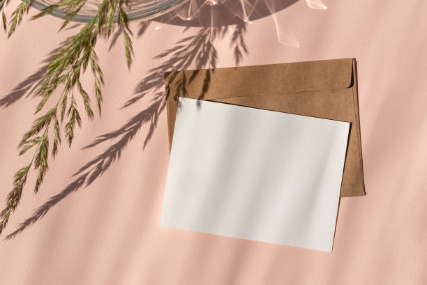 空纸卡模型，信封，草地与阳光的阴影在淡桃色中性背景。唯美的婚礼请柬，明信片模板图片下载