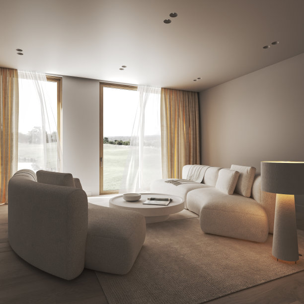 创意现代室内客厅，温暖的照明，石圆桌和大白色灯。美丽的自然景观和吸顶灯。3d渲染模型。高质量3d插图图片下载