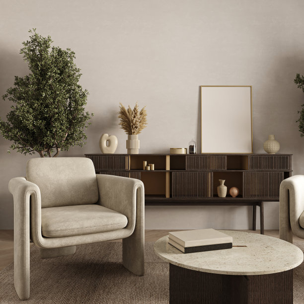 豪华客厅与灰色的墙壁和休息室家具-灰褐色的椅子。为艺术或绘画留出的空间丰富的室内设计。房间或大厅的模型。3 d渲染。高质量3d插图图片下载