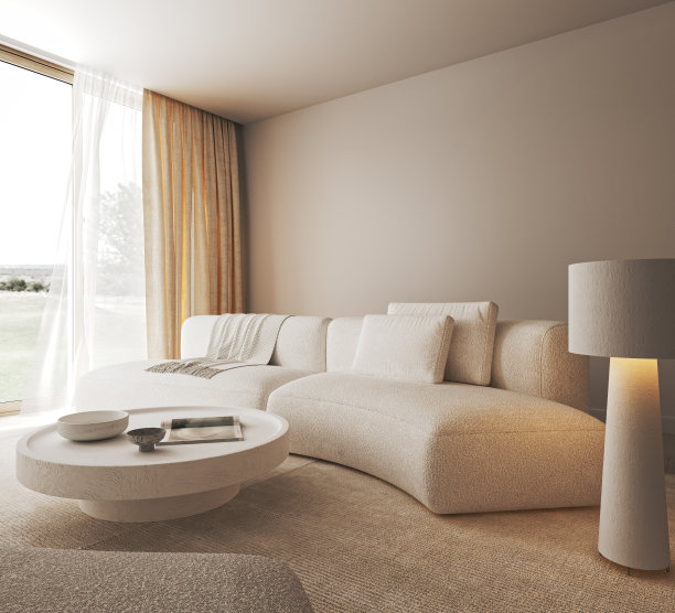 创意现代极简的室内客厅，温暖的照明，石圆桌和大白色灯。美丽的自然景观。3d渲染模型。高质量3d插图图片下载