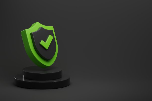 绿色保护和安全盾牌与一个复选标记基座上的灰色背景复制空间。图片下载
