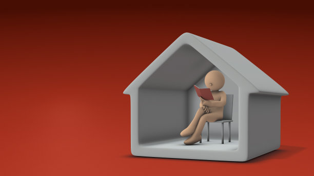 不要外出。一个人呆在家里读书。休息和休闲。不便和软禁。在家里度过平静时光的抽象概念。热红色背景。3 d渲染。图片下载