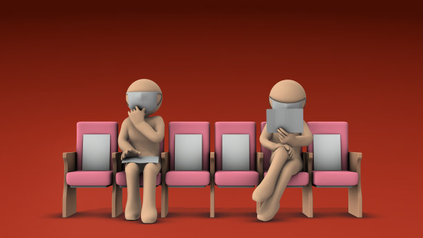 两名病人在候诊室保持社交距离。耐心和厌恶。一个抽象的概念，表达了一种阻塞和不便的感觉。热红色背景。3 d渲染。图片下载