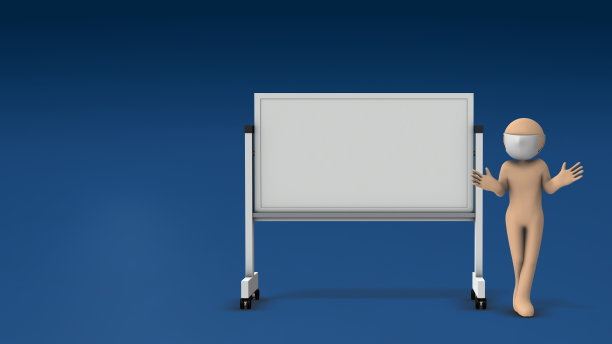 用白板做演示的人。成功和积极。解释和策略。冷蓝色背景。3 d渲染。图片下载