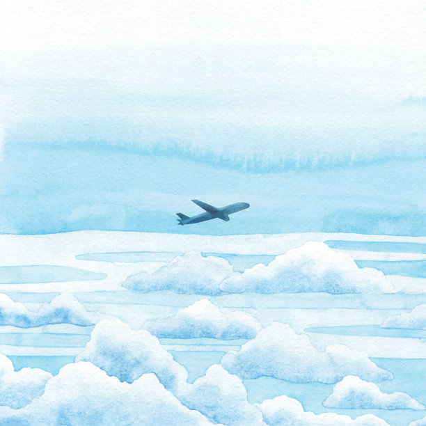 水彩画蓝天和飞机图片下载