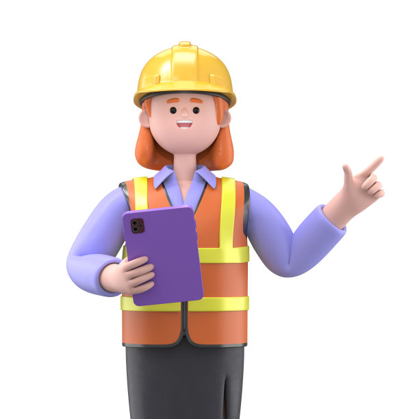 女性工程师帕姆手持平板电脑，手指指向方向的3D插图。可爱的卡通微笑有吸引力的商人使用社交网络和办公室工作的应用程序。图片下载
