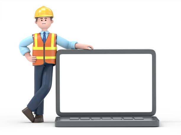 3D插图的男性工程师欧文支持笔记本电脑。工程师演示剪辑艺术孤立的白色背景图片下载