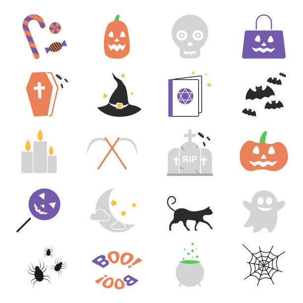 万圣节图标设置在彩色蜘蛛魔法帽图片下载