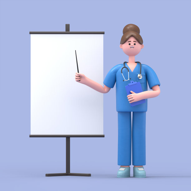 3D插图女医生玛丽与空白板作为信息，说明或广告的介绍，产品挂图模型。图片下载