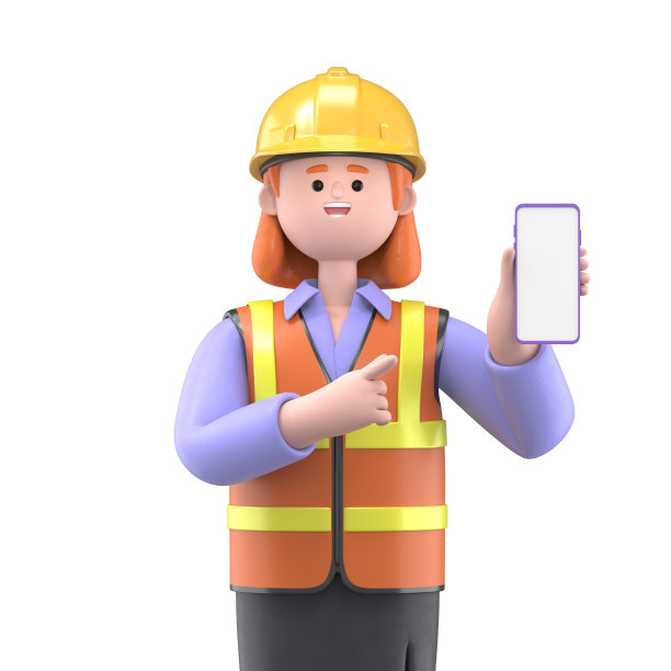 女性工程师帕姆手持智能手机，显示空白屏幕的3D插图。卡通人物用手指指着空的显示手机的特写肖像。图片下载