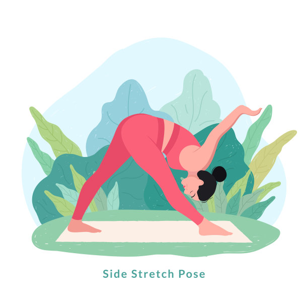 侧伸瑜伽姿势。为瑜伽日庆祝活动做瑜伽的年轻女子。图片下载