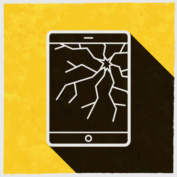 屏幕破碎的平板电脑。图标与长阴影的纹理黄色背景图片下载