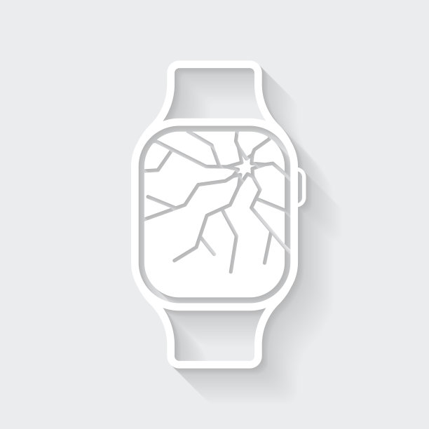 屏幕坏掉的智能手表。图标与空白背景上的长阴影-平面设计图片下载