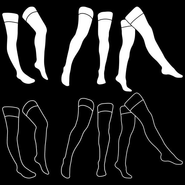 女袜轮廓和剪影简约极简矢量图标。女性的腿。轮廓诱人的脚，矢量插图。在黑色背景上隔离了女性腿部。图片下载