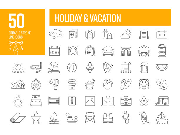 假日和假期线图标。可编辑的笔画矢量图标集合。图片下载