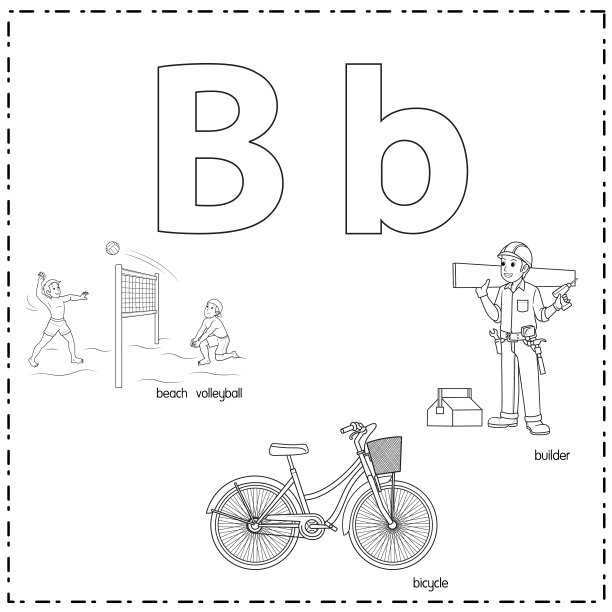 向量插图学习字母B的小写和大写的儿童与3卡通图像。沙滩排球自行车制造商。图片下载