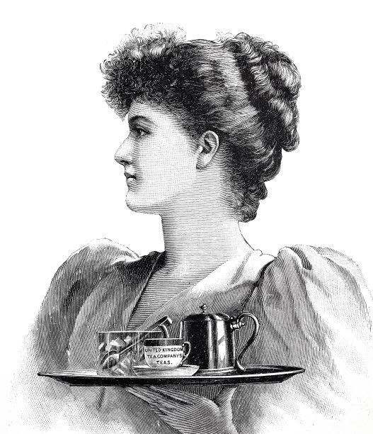 优雅的女士别着头发拿着茶盘，侧视图，白色背景图片下载