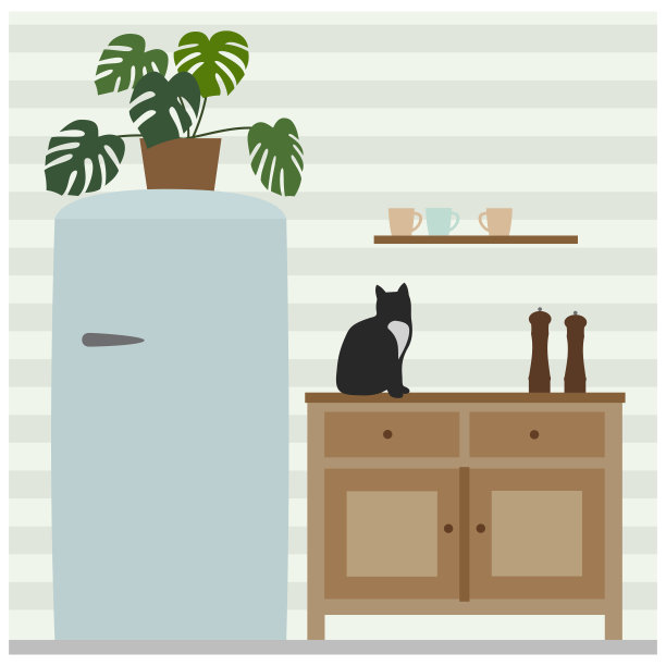 厨房内部色彩柔和，配有冰箱和橱柜。图片下载