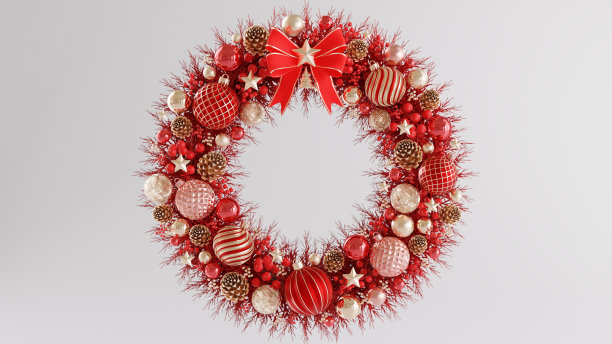 豪华圣诞花环3d渲染插图圣诞节与圣诞树，圣诞老人，礼品盒，丝带，球，雪，产品，促销销售，演示台座3d渲染图片下载