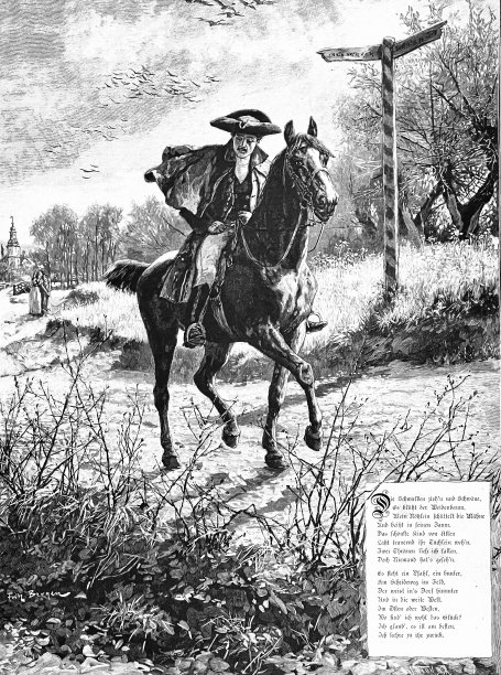 燕子和天鹅在迁徙，一个骑手在路上，两个女人在他身后挥手图片下载