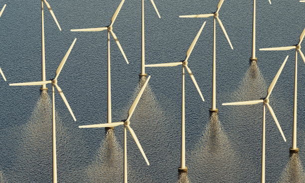 风力涡轮机旋转为海上家庭发电，作为可再生能源发电厂。清洁和可持续能源的概念。3 d演示呈现图片下载