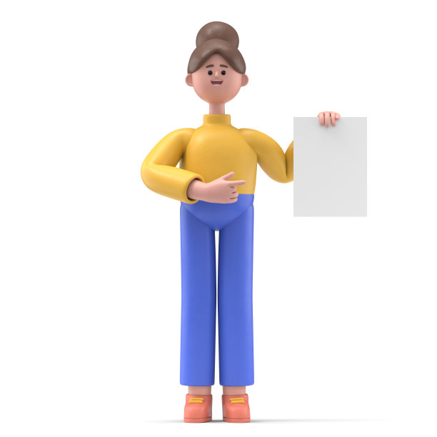 一个微笑的女人安吉拉手持白色白板的3D插图。卡通人物的肖像站着，一只手拿着展板，另一只手指向展板，广告牌，白色背景上的3D渲染。图片下载